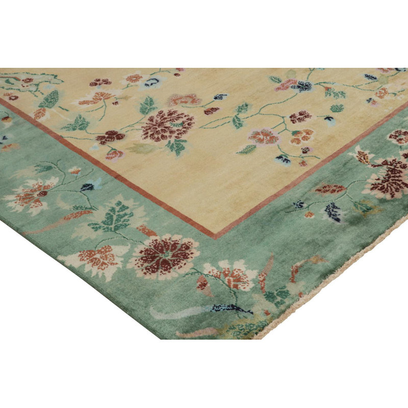 Rug & Kilim’S Chinese Art Deco Rug In Gold With Multicolor Floral Patterns, Rectangle 5' x 8'