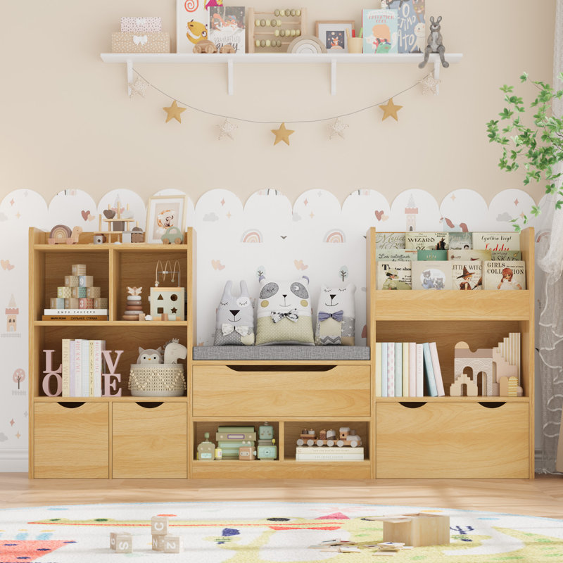 72" W x 37"H 4-IN-ONE Kids Bookcase with 3 Drawers, Soft Cushion, 3-Layer Bookshelf, Reading Nook, Wood