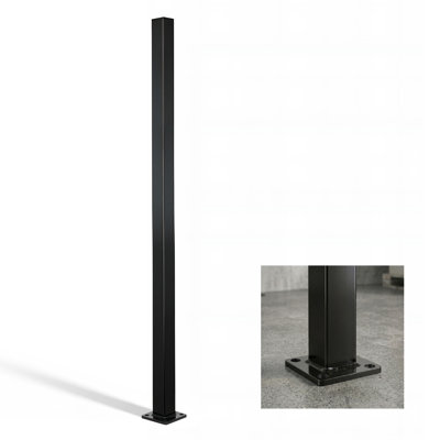 4 FT Metal Fence Post with Flange, Heavy Duty 16 Gauge Outdoor Patio Steel Fencing Border Post with Base Plate and Cap, Anti-Rust 2” Diameter Decorative Garden Flange Post, Single