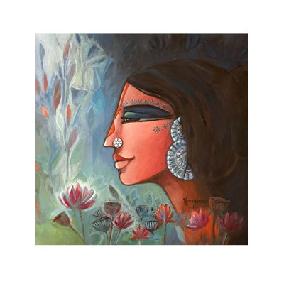 «Beautiful Face of Radha», peinture acrylique sur toile par Kangana Vohra - art mural indien spirituel 12 po x 12 po, portrait de Radha dévotionnel, œuvre d'art en acrylique