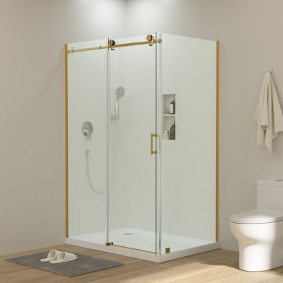 48" x 72" Gold Frameless Sliding Shower Enclosure with Fixed Panel and 5/16" & 3/8" Tempered Glass Shower Door(No Shower Base)