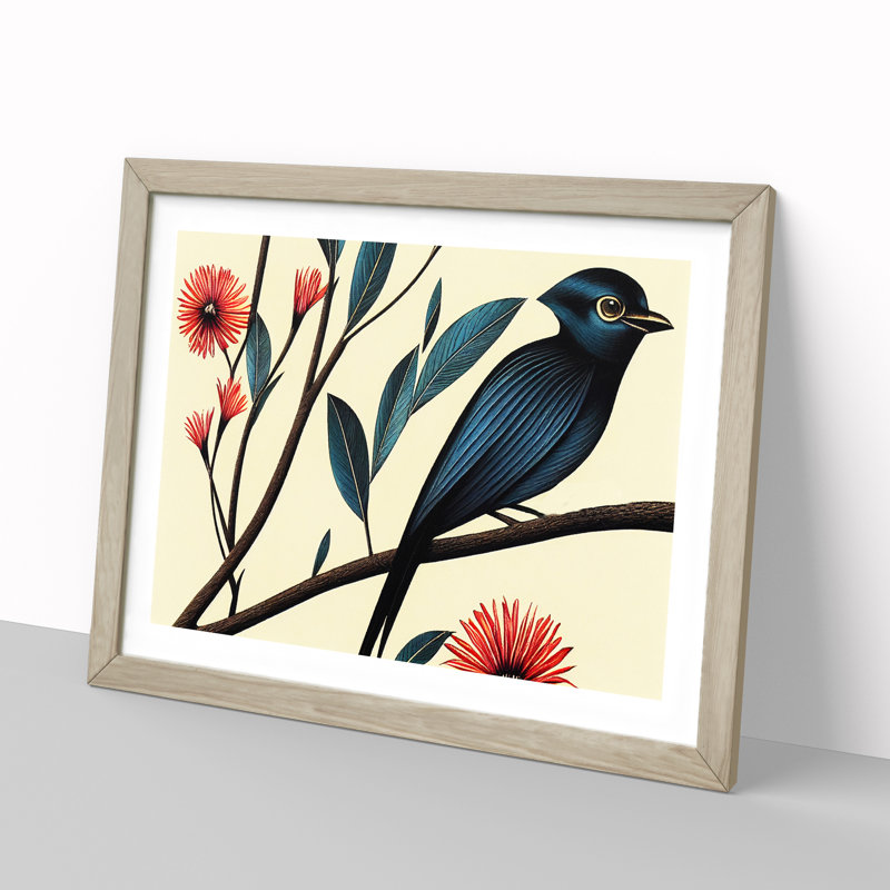 Bird Deco - Single Picture Frame Print, 46cm H x 64cm W x 2cm D, Oak Framed