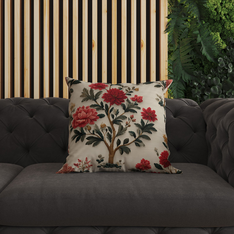 Embroidered Dahlia Trail Indoor/Outdoor 18x18, Square 18", Beige/Red