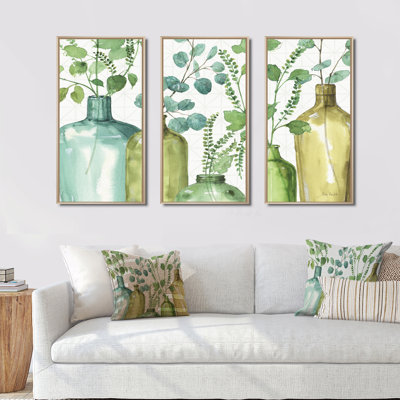 «Mixed Botanical Green Leaves I0», ensemble d'art mural sur toile encadré de campagne
