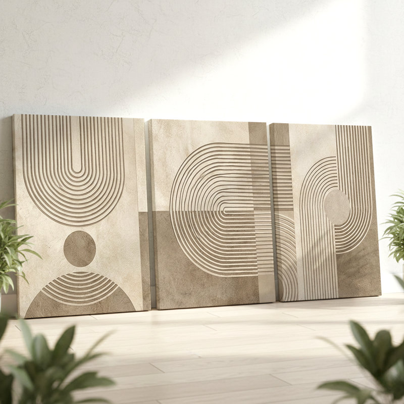 Art mural abstrait géométrique 3 pièces avec motifs texturés beiges, art mural trois pièces pour le salon, la chambre à coucher et le bureau, aspect encadré