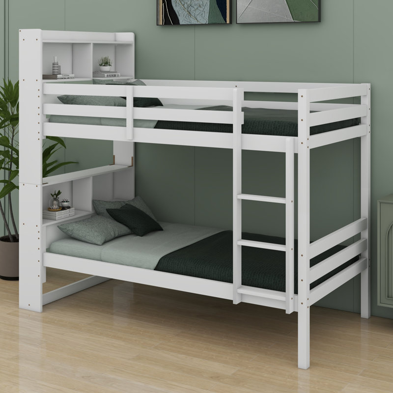 Lit superposé en bois avec tête de lit à étagères de rangement et échelle, se transforme en 2 lits, White