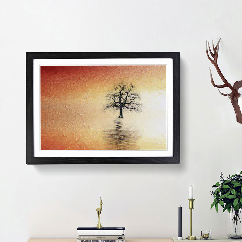 Tree Reflection at Sunset in Abstract - Picture Frame Painting Print, 36cm H x 48cm W x 2cm D, Black Framed
