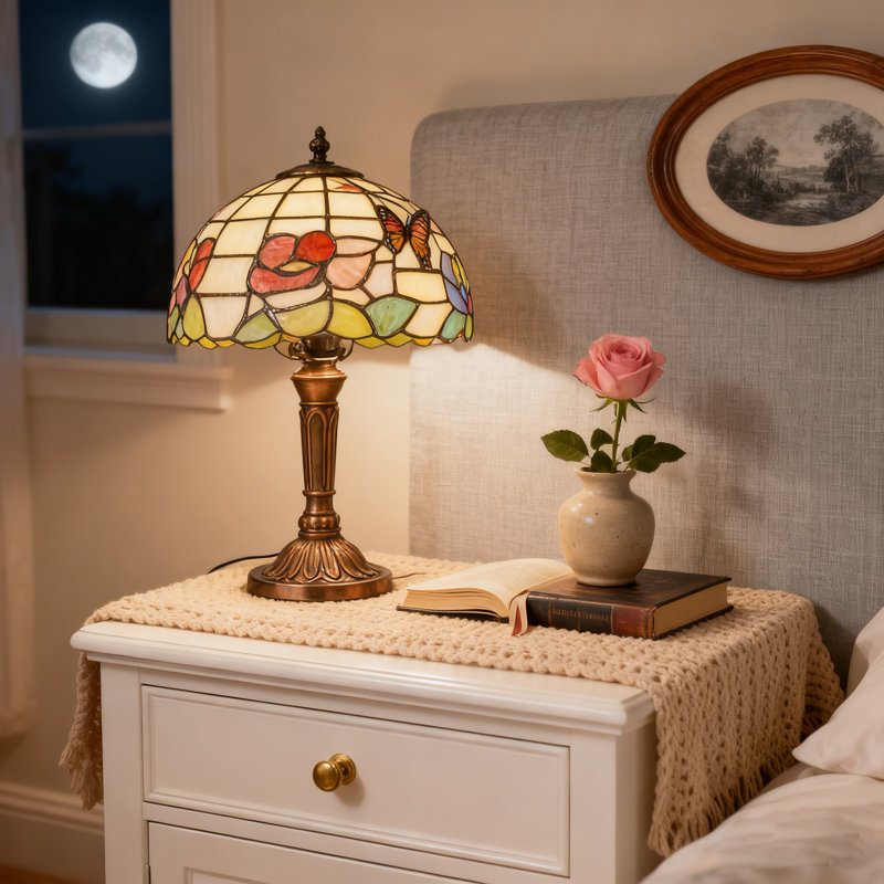 Tiffany Style Table Lamp, Dragonfly-design Stained Glass Lamp, 8-inch Small Antique Lamp, Bulb Included