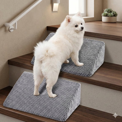 Canine Ramp for Stairs for Small & Senior Dogs and Cats – Anti-Slip Stair Wedges for Dogs with Gradual Incline, Pet Ramp with Washable Cover & Self-Adhesive Pads for Safe Climbing (Gray, 2 Pack)