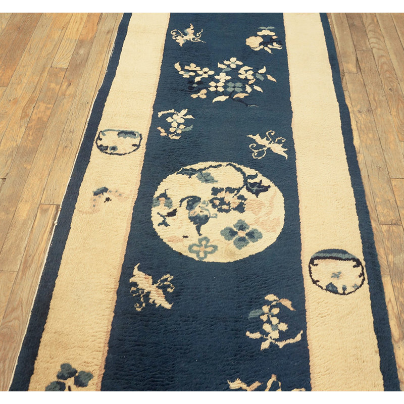 Tapis de couloir bleu antique à motif floral chinois en laine