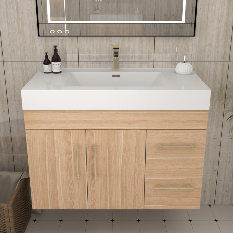 35.4" Wall-Mounted Single Bathroom Vanity Set, Champagne Oak