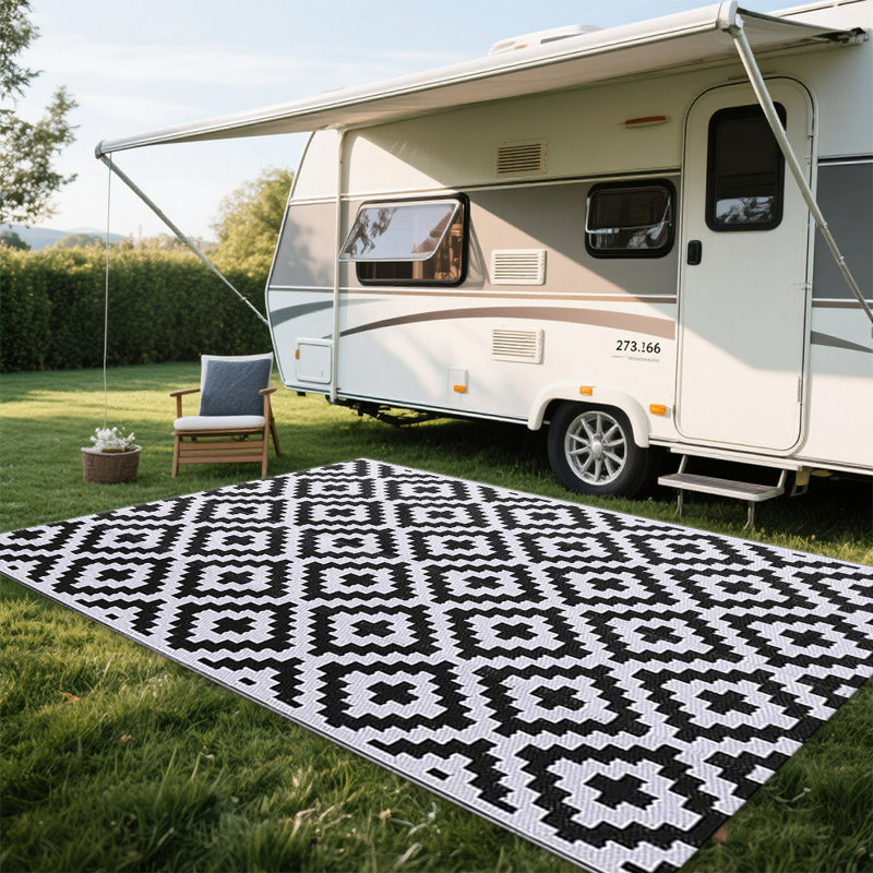 Tapis de camping en plastique noir et blanc, Rectangle 9 pi x 12 pi