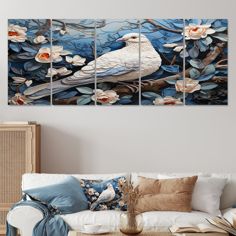 Colombe blanche et bleue Sprintime - art mural 5 pièces pour salon, H 32 po x l 80 po