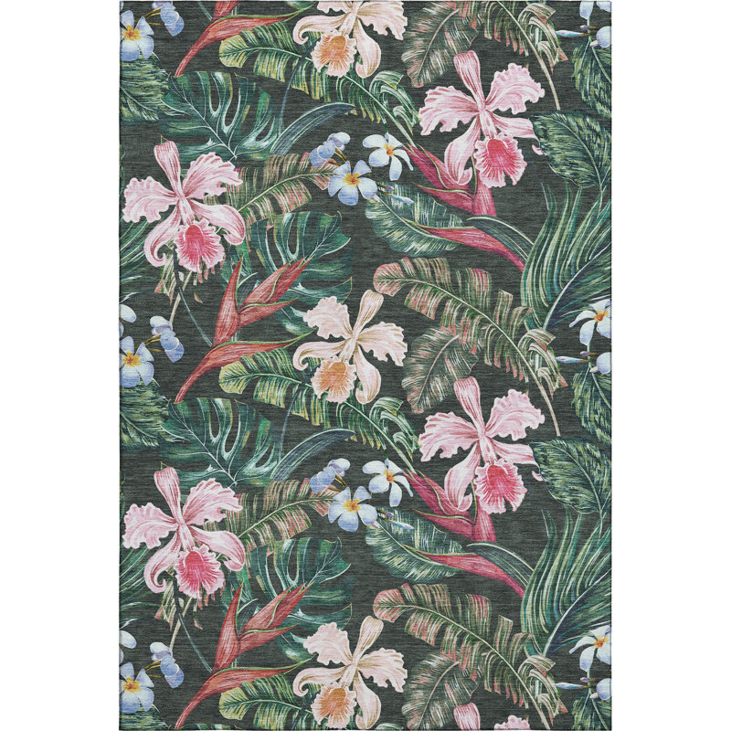 8' x 10' Red Synthetic Floral Washable Rug