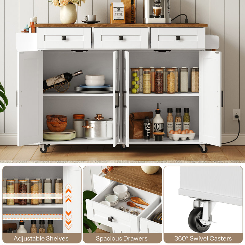 Chariot roulant pour îlot de cuisine avec plateau de boucher - Poste de travail portatif avec tablettes de rangement et roulettes verrouillables