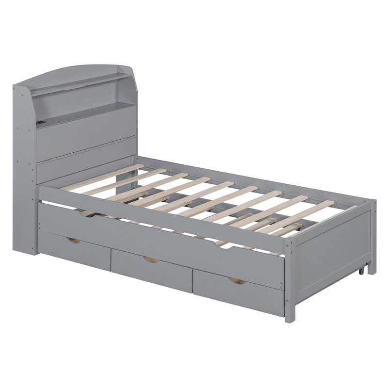 Lit plateforme en bois avec lit gigogne et tête de lit à DEL avec tiroirs, Simple, Gris