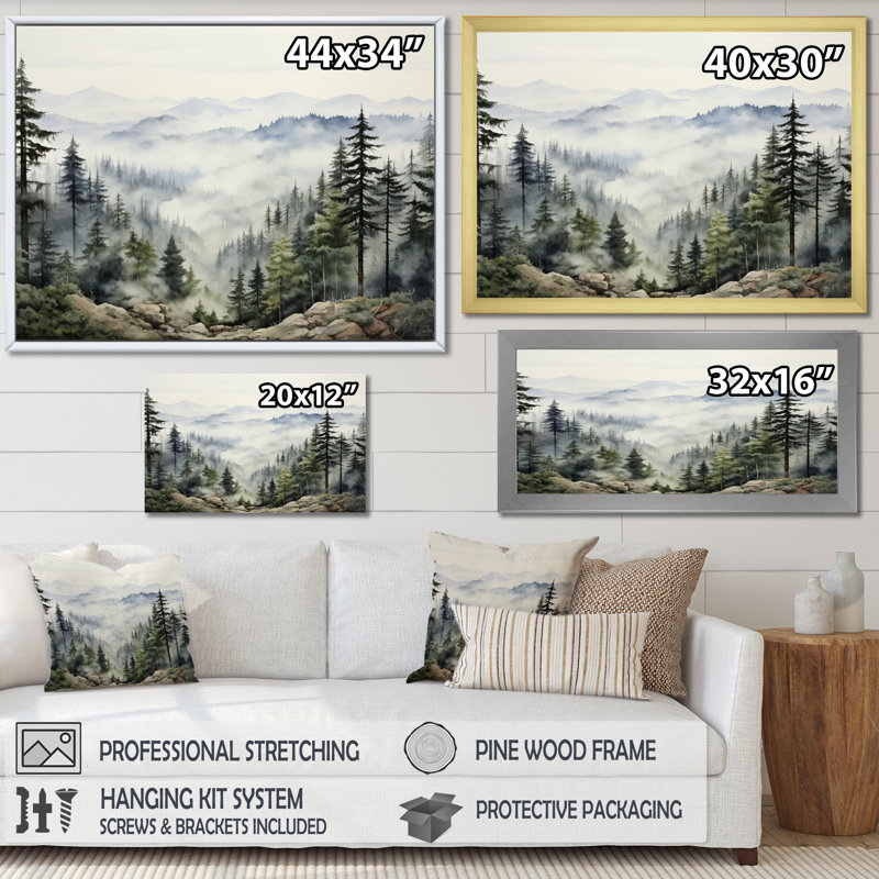 «Pine Tree Misty Mountain I», art sur toile de pin, Toile tendue, H 30 po x l 40 po, Sans cadre