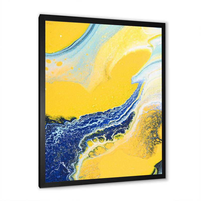 Art en marbre jaune et bleu foncé - Décoration murale moderne et contemporaine sur toile, Cadre photo noir