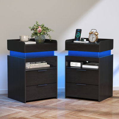 2-Pack Multi-functional Nightstand with Smart RGB LED Ambient Light, App & Music Sync, Fast Charging Stations (AC+USB+Type-C), and Hidden Gun Storage – Black