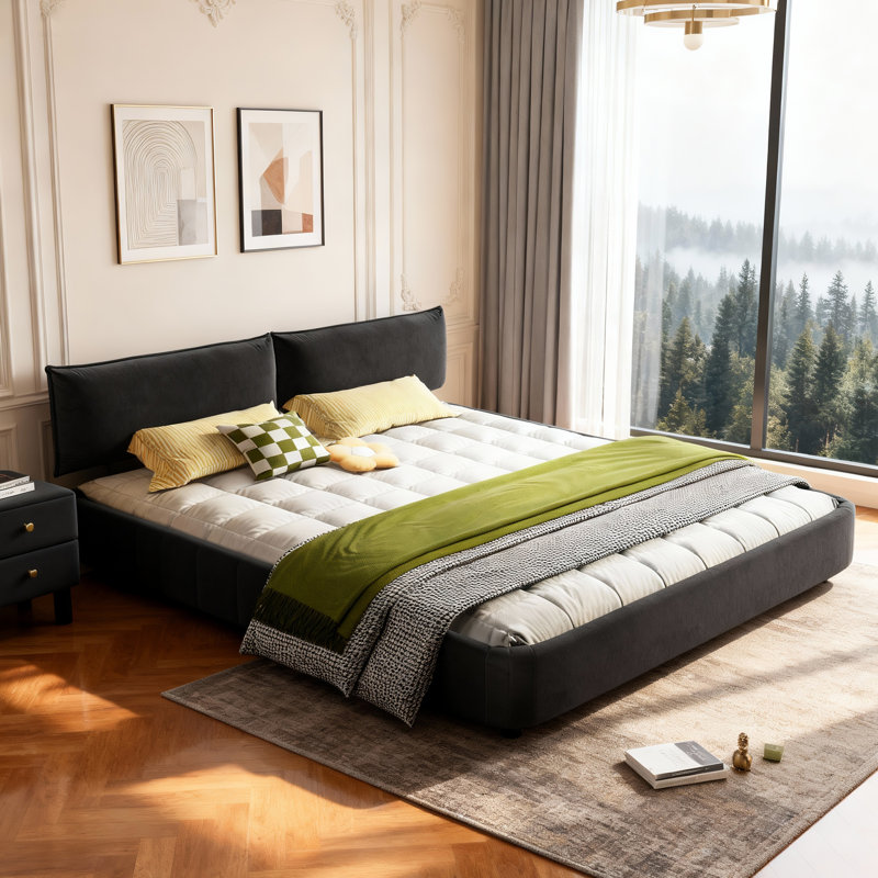 Très grande base de lit avec très grande tête de lit mobile rembourrée, gris foncé, Gris foncé