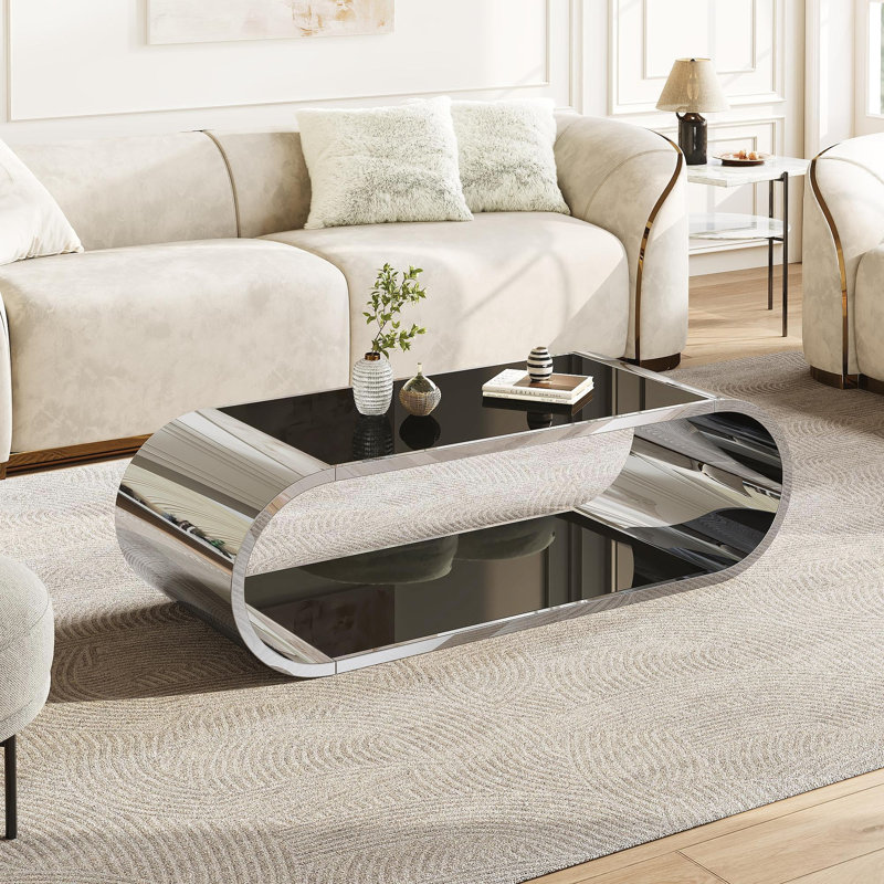 Table basse de 57 po en acier inoxydable argenté avec verre, table basse moderne pour le salon, plateau en verre à 2 niveaux avec design tendance grand espace