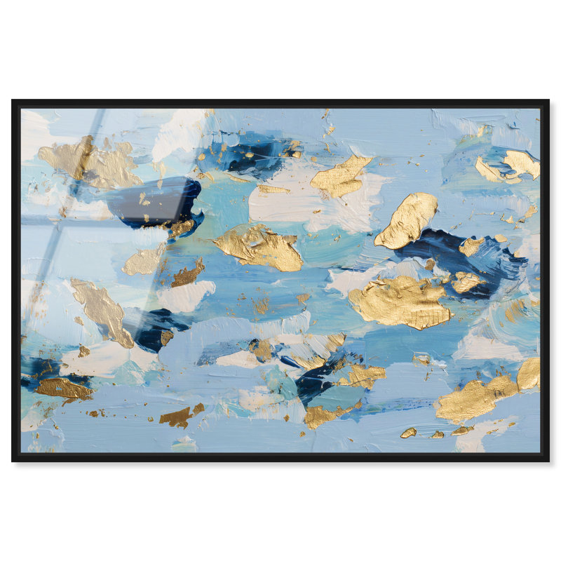 «Aqua and Gold Shimmer II», reproduction d'art encadrée bleue et dorée par Art Remedy, cadre noir, 24 x 16, H 17 po x l 25 po