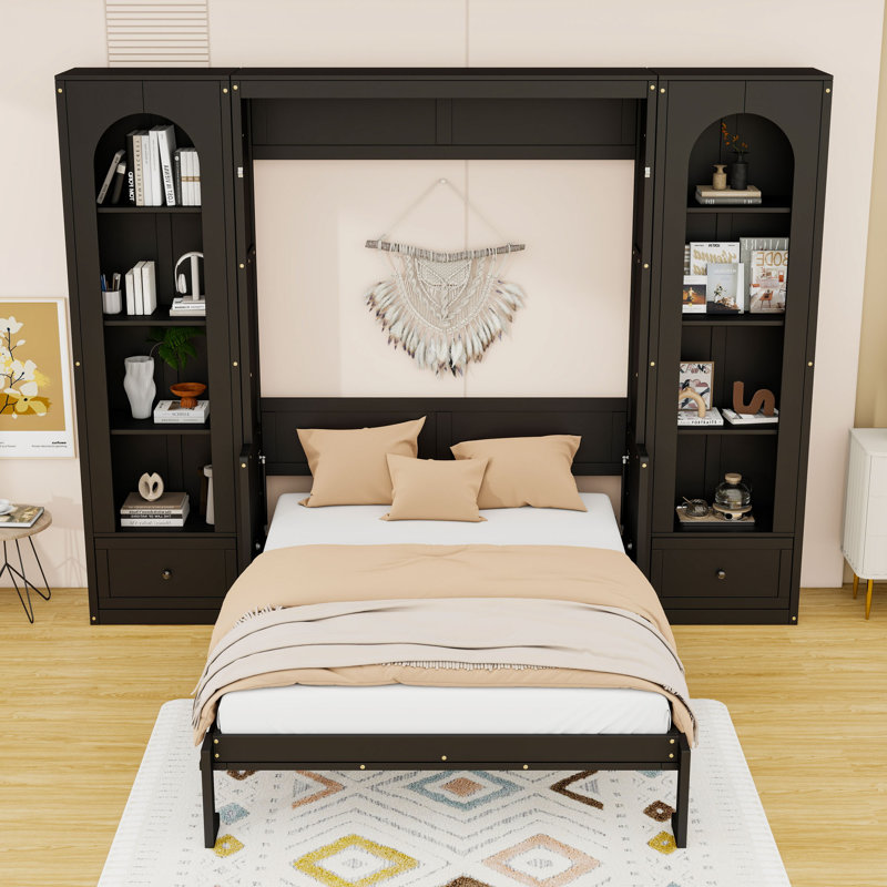 Grand lit escamotable en bois avec éclairage à DEL, double bibliothèque et tiroirs de rangement, Noir, noir, noir, noir