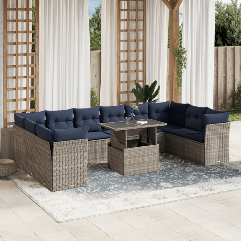 Ensemble de canapé de patio 11 pièces avec coussins en rotin de polyester, Gris, Marine