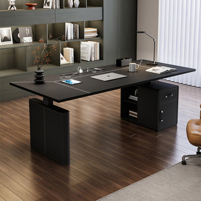 Black Rectangular Manufactured Wood+Barenia with 1 drawers desk