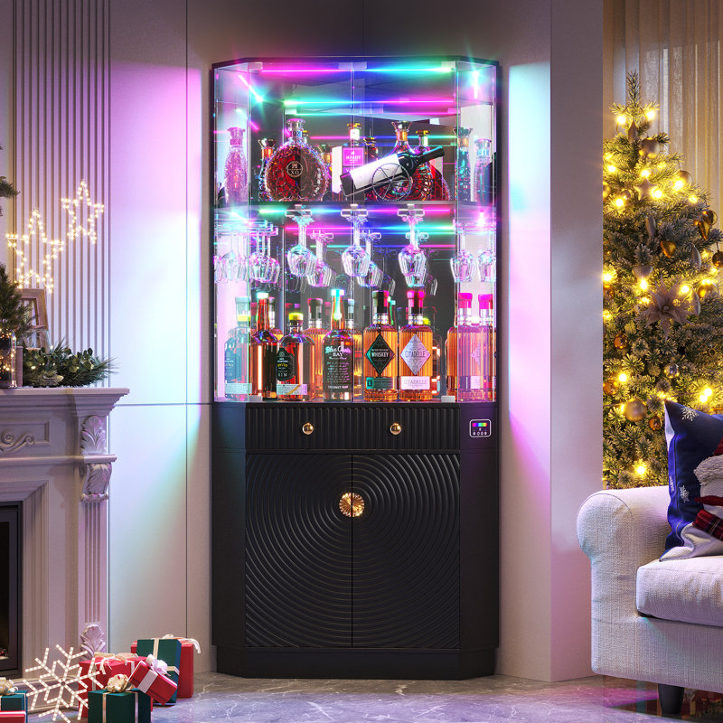 Corner Bar Cabinet With Led Lights And Human Body Sensor, 70.9" Tall Wine Cabinet Liquor Stand With Glass Holder And Tempered Glass Door