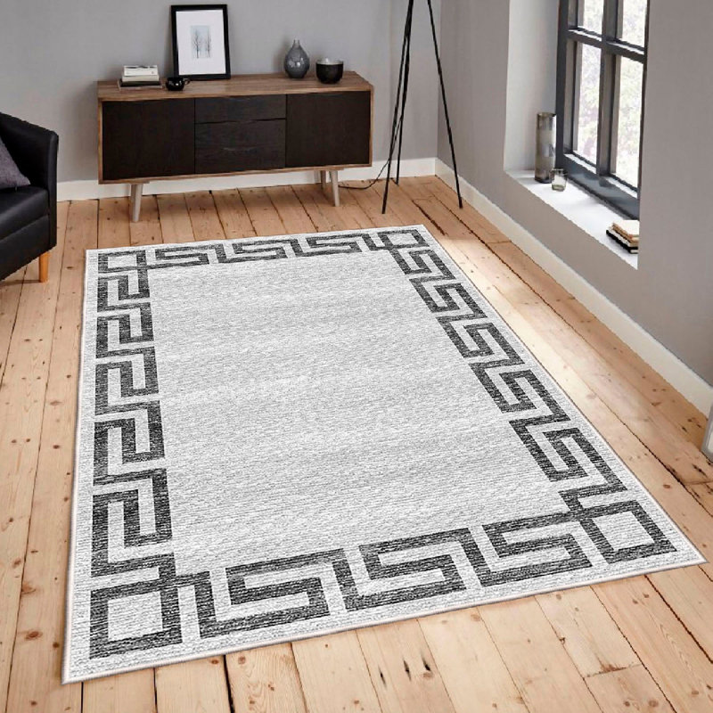 Premium Cotton Area Rug (3.3 x 6.6 ft), Cream & Grey with Black Accents | 100% Cotton, 1.0 in Pile Height, 0.3 in Sponge, Non-Slip PVC Underside | Antibacterial, Machine Washable, Durable & Stylish for Any Room