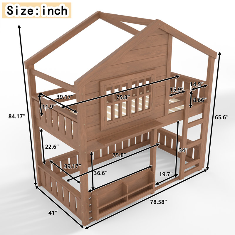 House Design Bunk Bed Loft Bed with Bookshelf, Kids Playhouse Bed with Safety Guardrails, Natural, Twin