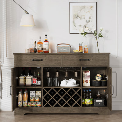 Coffee Bar Cabinet With Storage And Wine Rack, Glass Holder And 2 Drawers, Buffet Console Sideboard For Kitchen Dining Room, Oak Gray