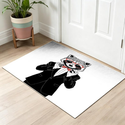 Tapis d'intérieur transparent lavable à la machine, motif raton laveur en smoking avec nœud papillon