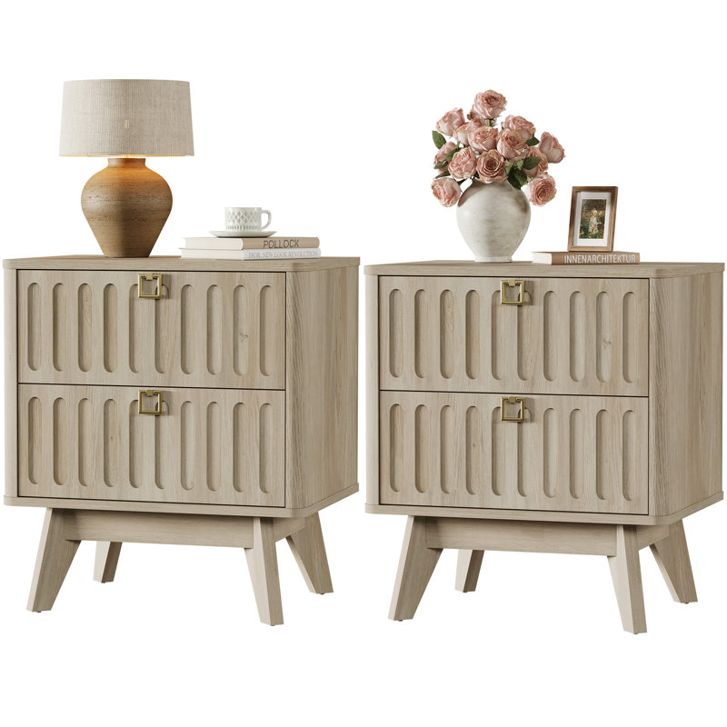 21" W Mid - Century Nightstand With 2 Drawers, Set of 2, Light Oak
