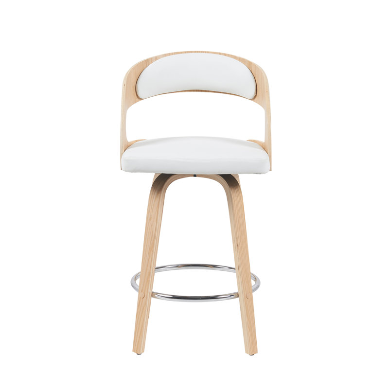 Tseng Swivel Upholstered Counter Stool, White/Light Oak, 66cm H