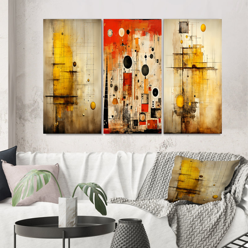 Enchanted Destruction Vintage Illustration - Modern Geometric Art Set Of 3 Pieces, Toile tendue, H 20 po x l 36 po
