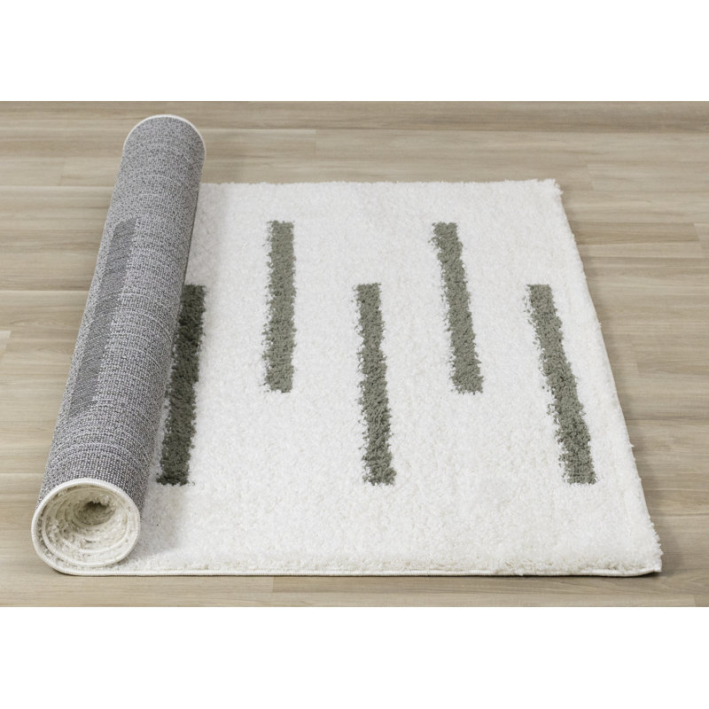 Wassily Striped White Green Shag Area Rug, Rectangle 7'10" x 10'6"