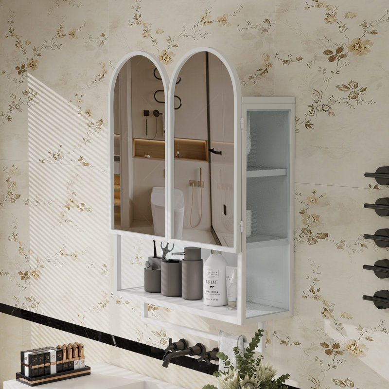 Armoire à pharmacie moderne à double porte avec tablette ouverte et porte-serviettes, Blanc