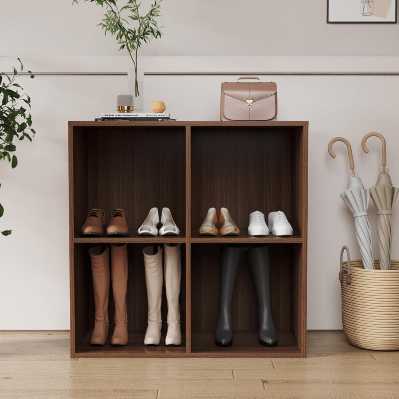 Latitude Run® Shoe Rack, 4 Compartment Open Storage Display Shoes Organizer FSSR015, Walnut