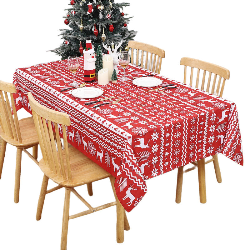 Xmas Tree and Deer Design Table Cloth Waterproof Christmas Tablecloth, 137cm D x 228cm L, Red