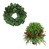 24" Holiday Magnolia Wreath with UV Rated Boxwood Drop-In