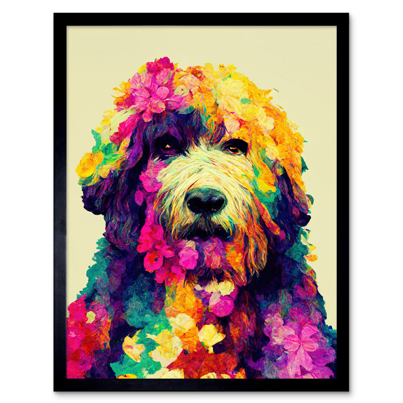 Vibrant Floral Labradoodle Dog Portrait - Single Picture Frame Print, 43.7cm H x 33.5cm W x 1.5cm D