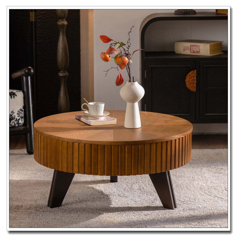 Table basse ronde rétro avec espace de rangement, idéale pour le salon et le bureau, Plateau naturel / base brun foncé