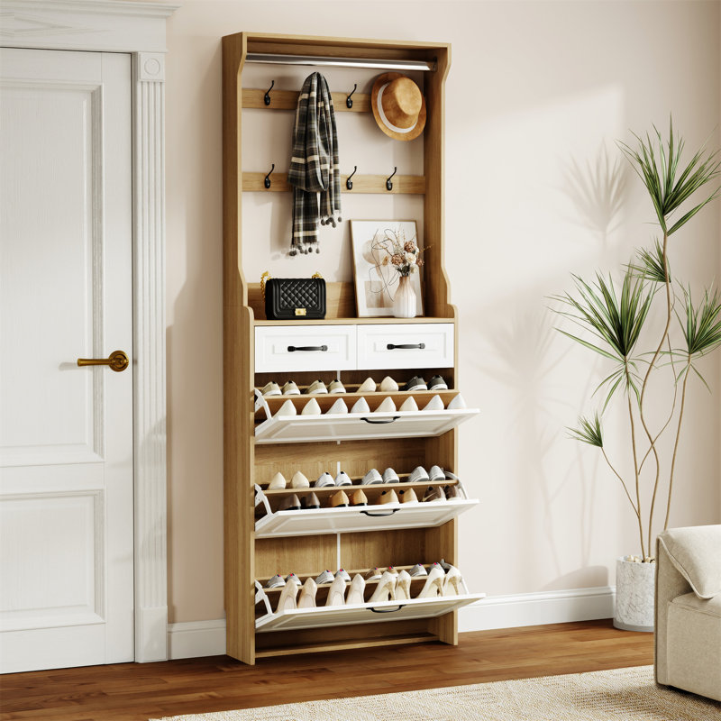 NOUVEAU Range-chaussures avec 3 portes et 2 tiroirs avec support, Bois / blanc