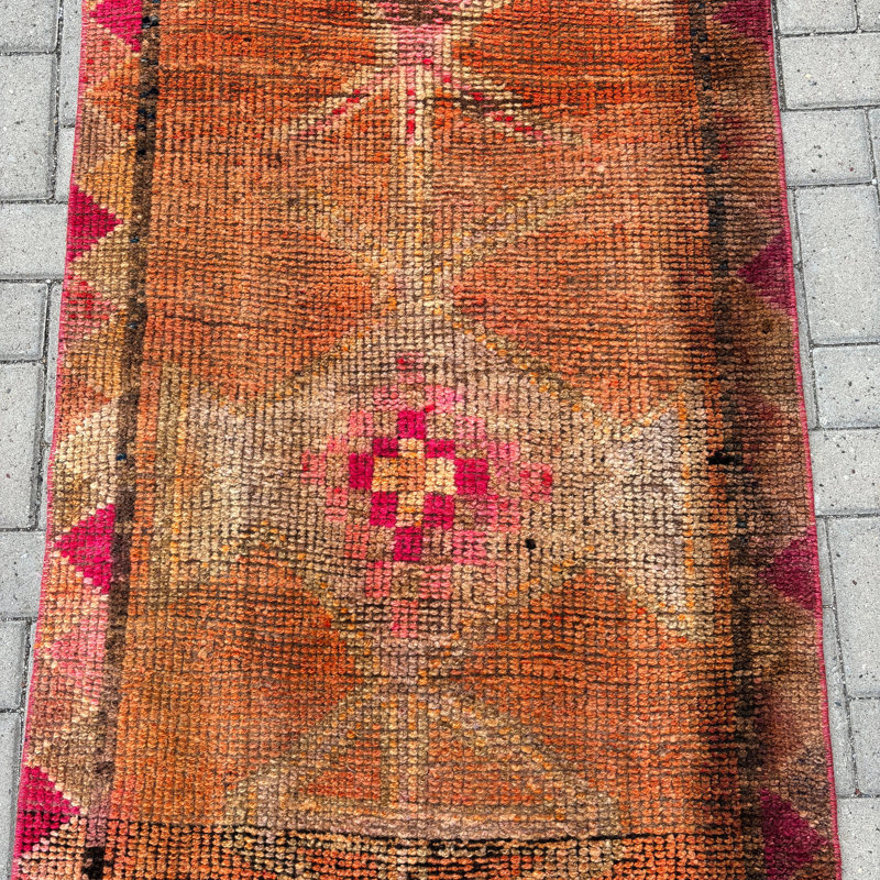 Vintage Wool Runner Rug, 34.3x106.7 Inch Geometric Orange Rug