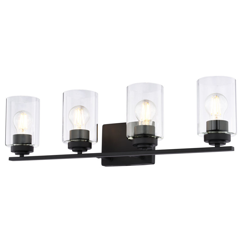 Hitchin Transitional Bathroom Vanity Lighting Fixture, Clear Glass Cylinder Shade, Dimmable, LED Compatible, Reversible Over The Mirror Mounted Steel Wall Sconce