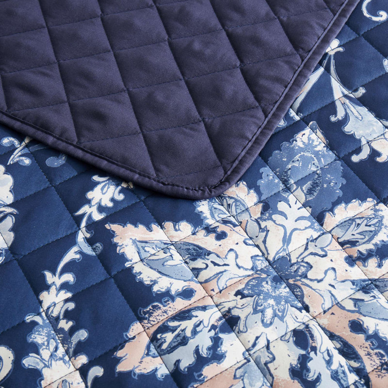 Modern Floral Geometric Quilt Set, 3-Piece Reversible Coverlet and Pillow Shams, Fallen Leaves Floral