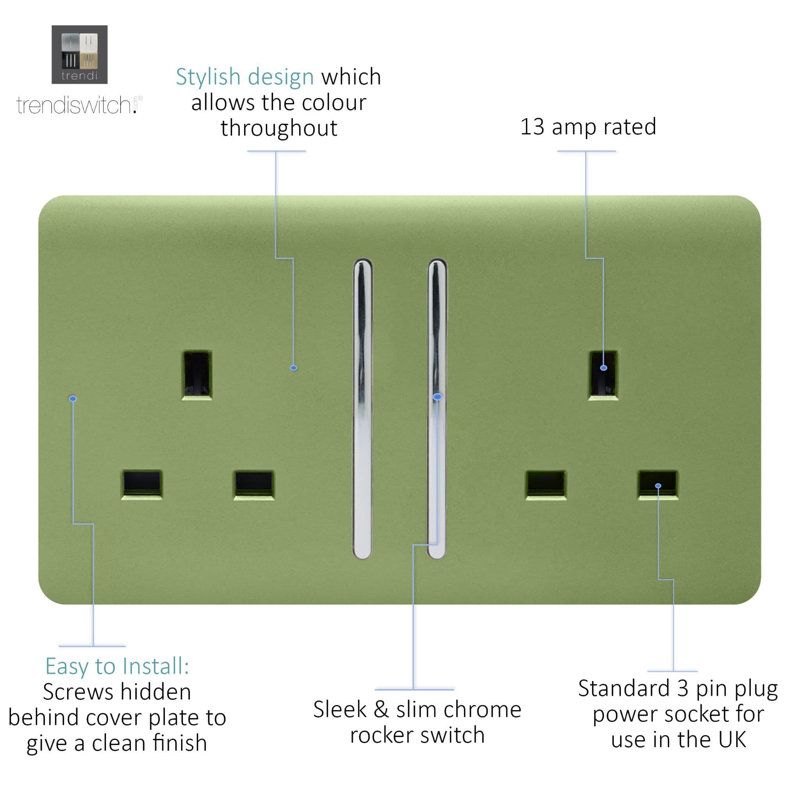 Trendi Switch 2 Gang Long Switched Plug Socket, Moss Green
