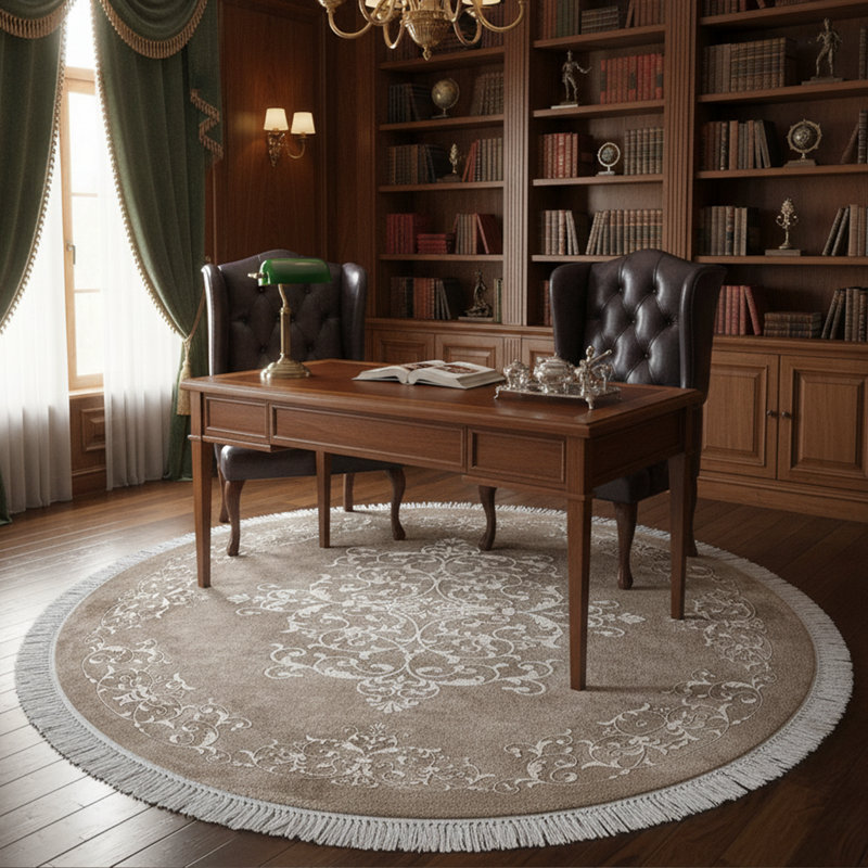Tapis rond rond à médaillon oriental avec frange